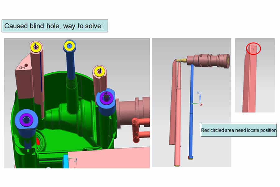Injection mold blind hole problem solving for tool and die manufacturing